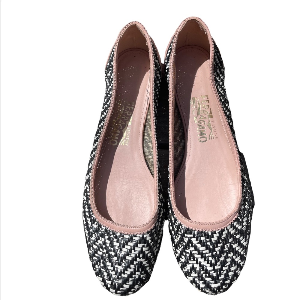 Salvatore Ferragamo 'Eracla' Woven Ballet Flats Pink Black 8.5